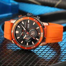 Men's Sport Chronograph Watch with Orange Silicone Strap - Fashionable Waterproof Wristwatch with Luminous Hands and Auto Date Function (Orange)