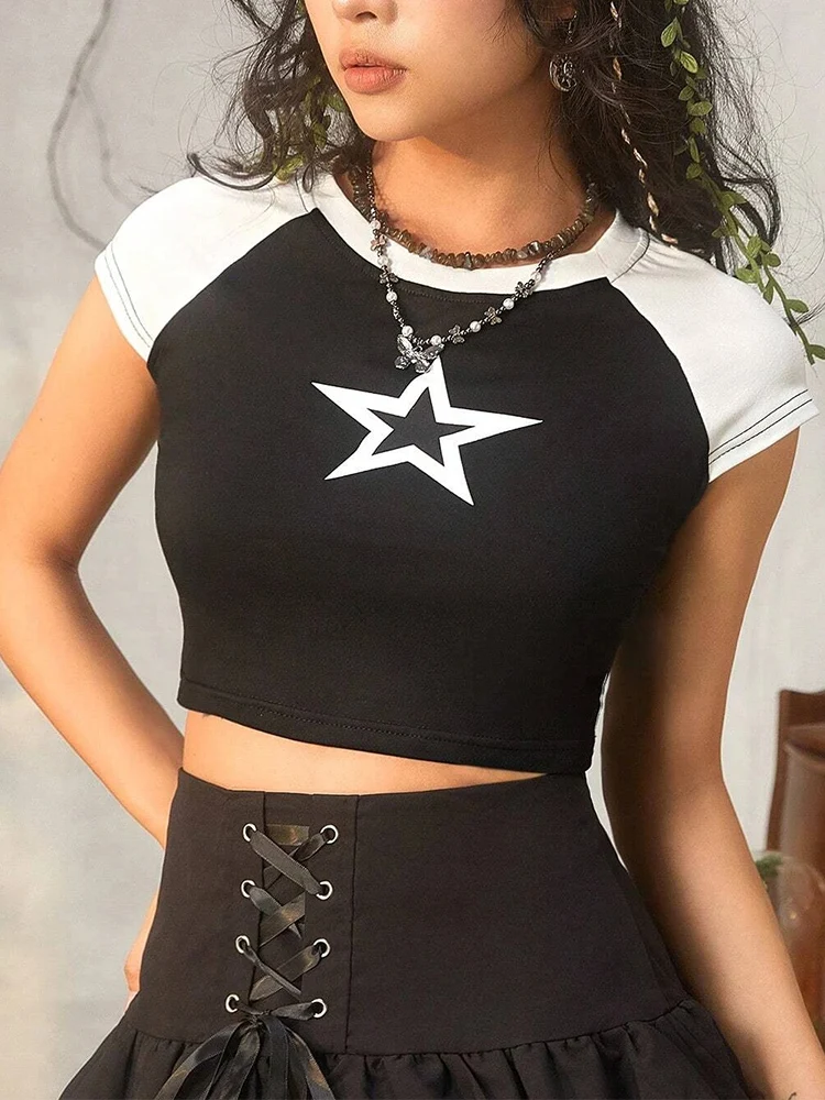 2000s Y2K Star Print Short Sleeve T Shirt for Women Summer Grunge Goth High Street Style Casual O-neck Crop Tee Top186_voghion.com