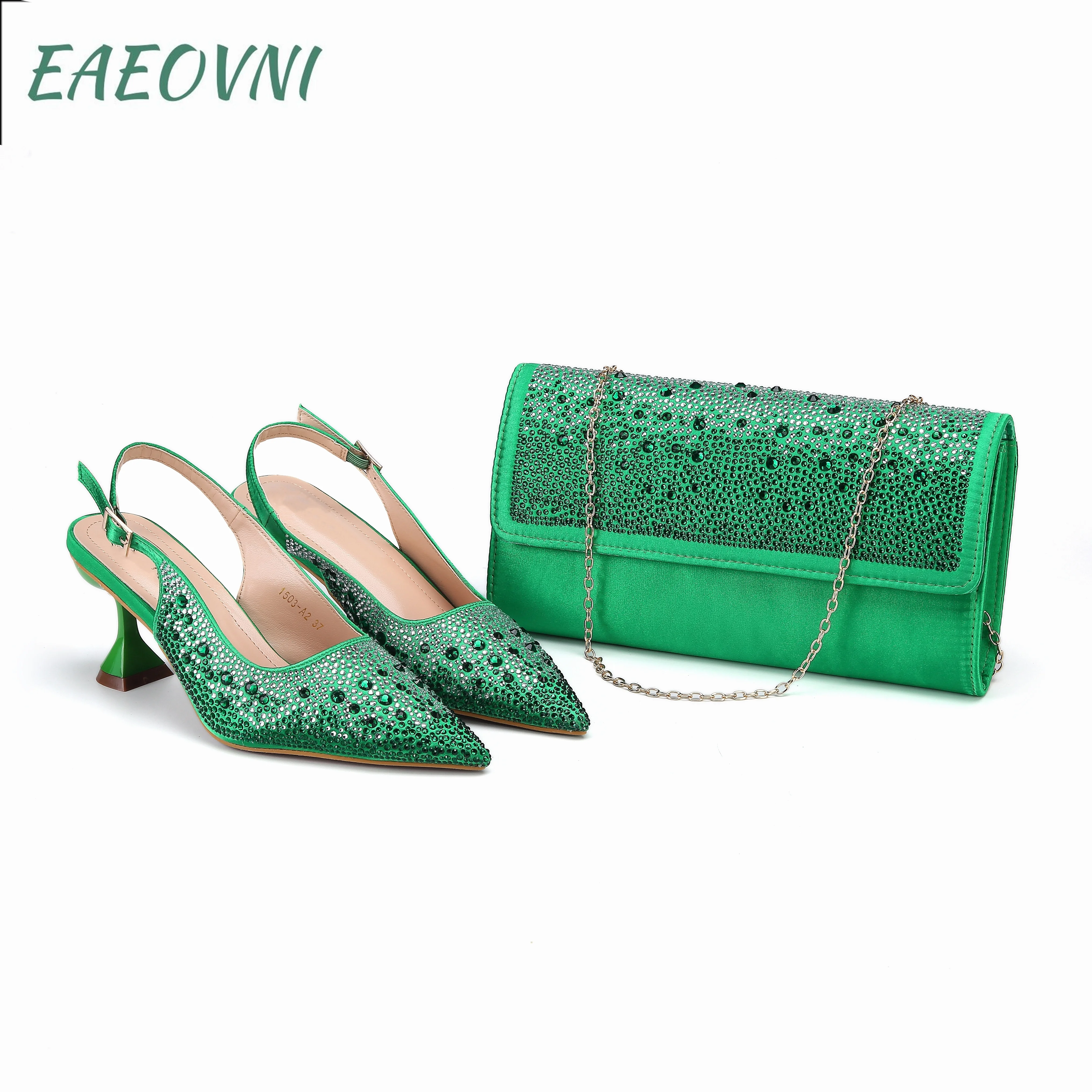 

Green Color 2023 Italian Design Luxury Women's Shoes And Purse Full Diamond Decoration Big Capacity Hand Bag