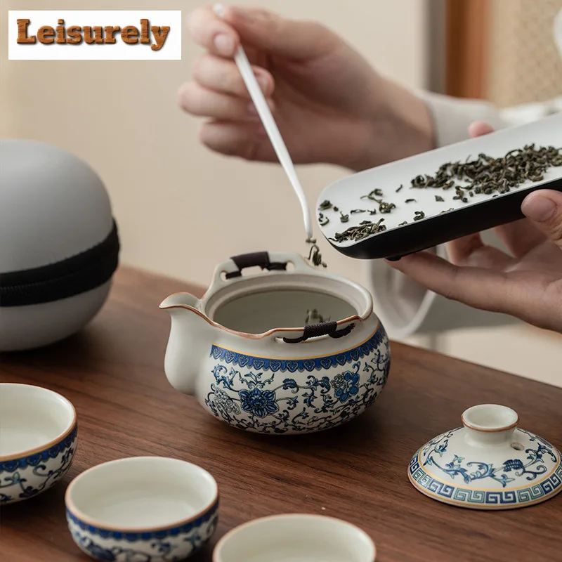 Ru Kiln Blue And White Rice Yellow Travel Tea Set Kit Japanese 1 Pot 3 Cups Tea Maker Organizer Portable Picnic Stock Bags Gift