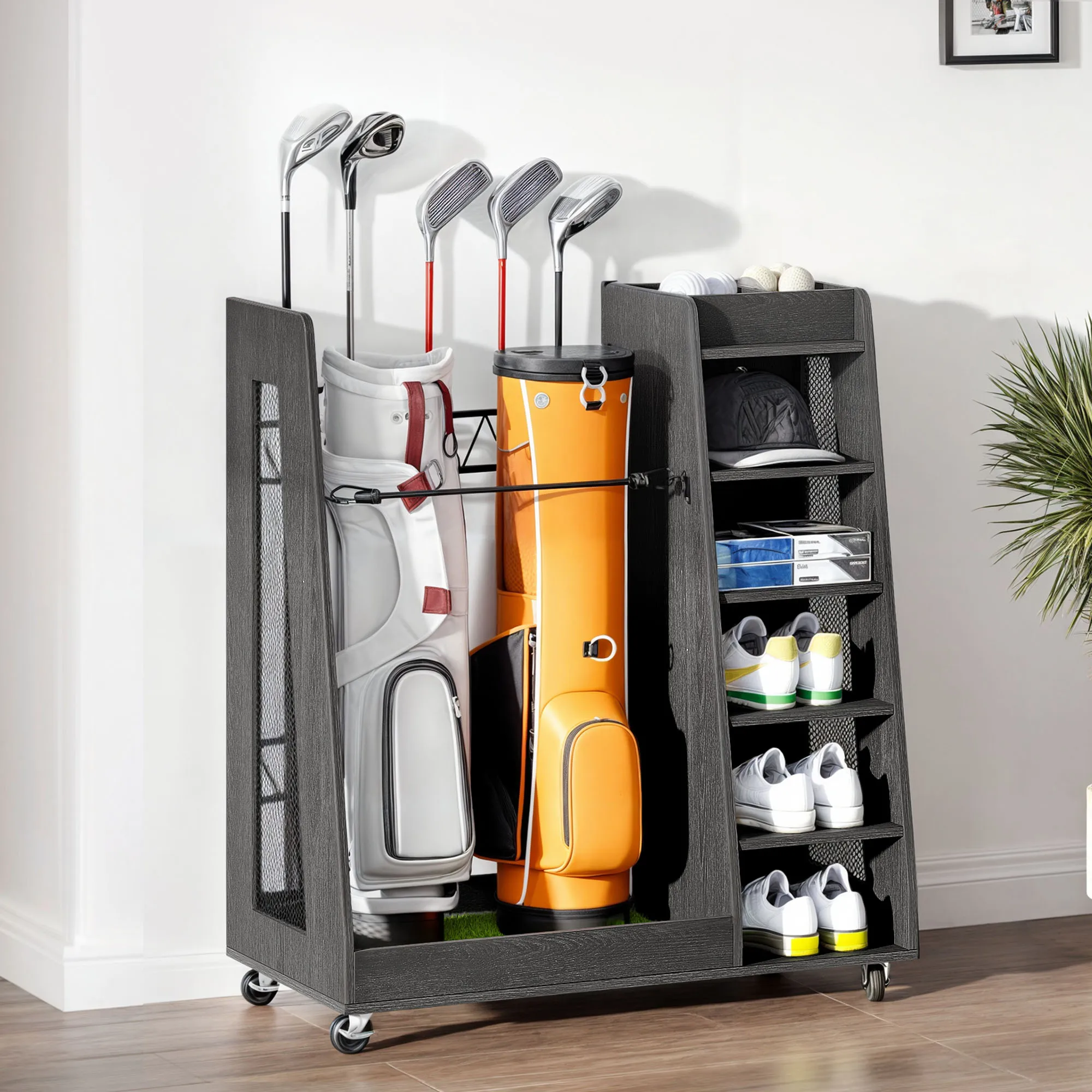 Portable Rolling Wooden Golf Bag Storage Rack Holder Fit for Two Bags Organizer