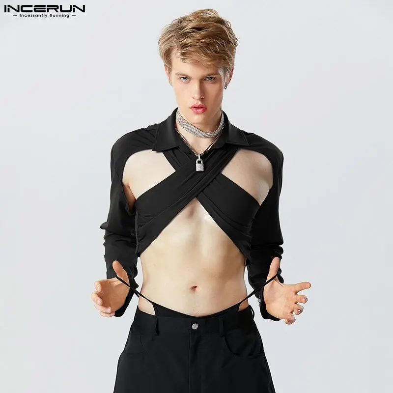 

American Style New Men's Sexy Hollow Straps Cross Blouse Fashion Male Solid Cropped Long Sleeved Shirts S-5XL INCERUN Tops 2023