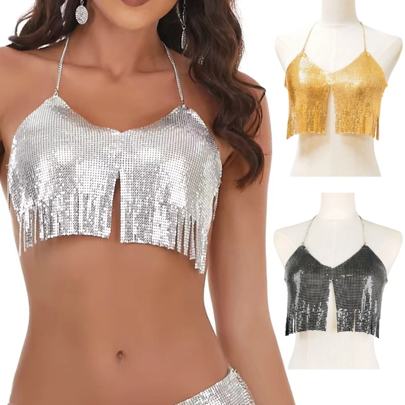 

Женский укороченный топ с блестками и кисточками, сексуальный укороченный топ с открытой спиной для ночного клуба,