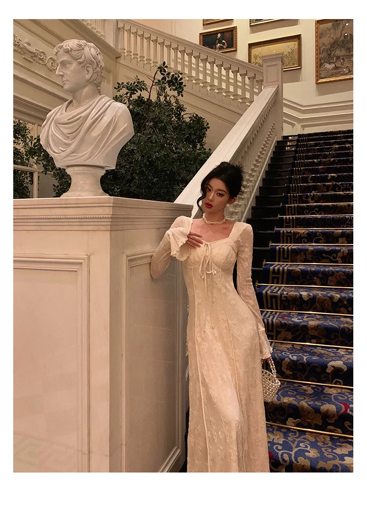 Women's Solid Midi Dress Flare Sleeves Square Collar A-Line Lace Up Autumn Spring French Elegant Vintage Prom Robe Vestidos New