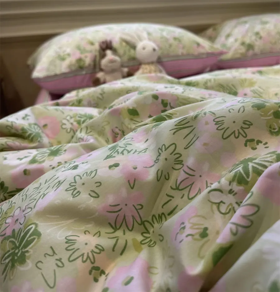 

Fresh green pink flower bedding set,twin full queen king sweet cute floral cotton home textile bed sheet pillow case quilt cover