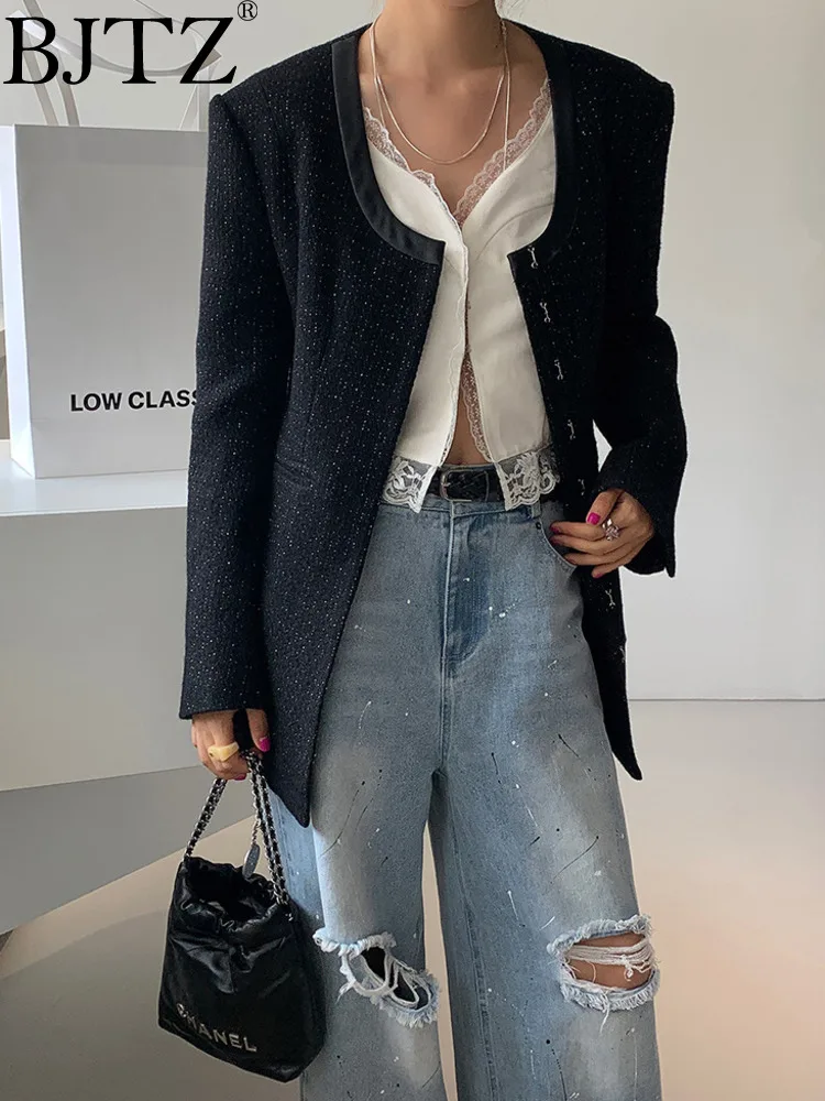 

BJTZ Waist Collection U-neck Jacket For Women 2024 Spring Autumn New Trend Coarse Tweed Outerwear Female Clothing HL443