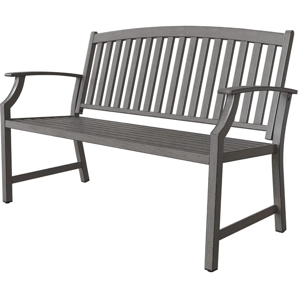 Farmhouse Outdoor Bench, Garden Benches with Anti-Rust Aluminum, Faux Wood Frame Patio for Front Porch, Weathered Gray