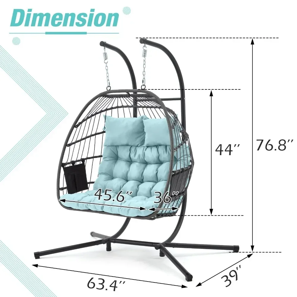 New Double Rattan Swing Egg Chair with Side Pockets, Foldable Hanging Egg Chair with Stand