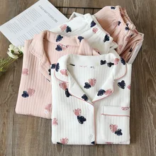 Autumn Thickened Pure Cotton Women Nightie Heart-shaped Pattern Long Sleeve Trousers Homewear Winter Keep Warm Ladies Pajamas