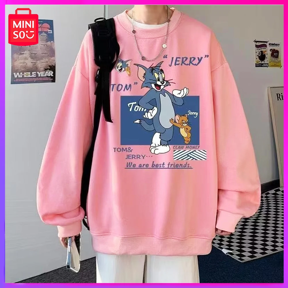 

Miniso Tom and Jerry New Joint Crewneck Hoodie Male Couple Spring Winter Warm Trend Coat Animated Loose Print Top Christmas Wear