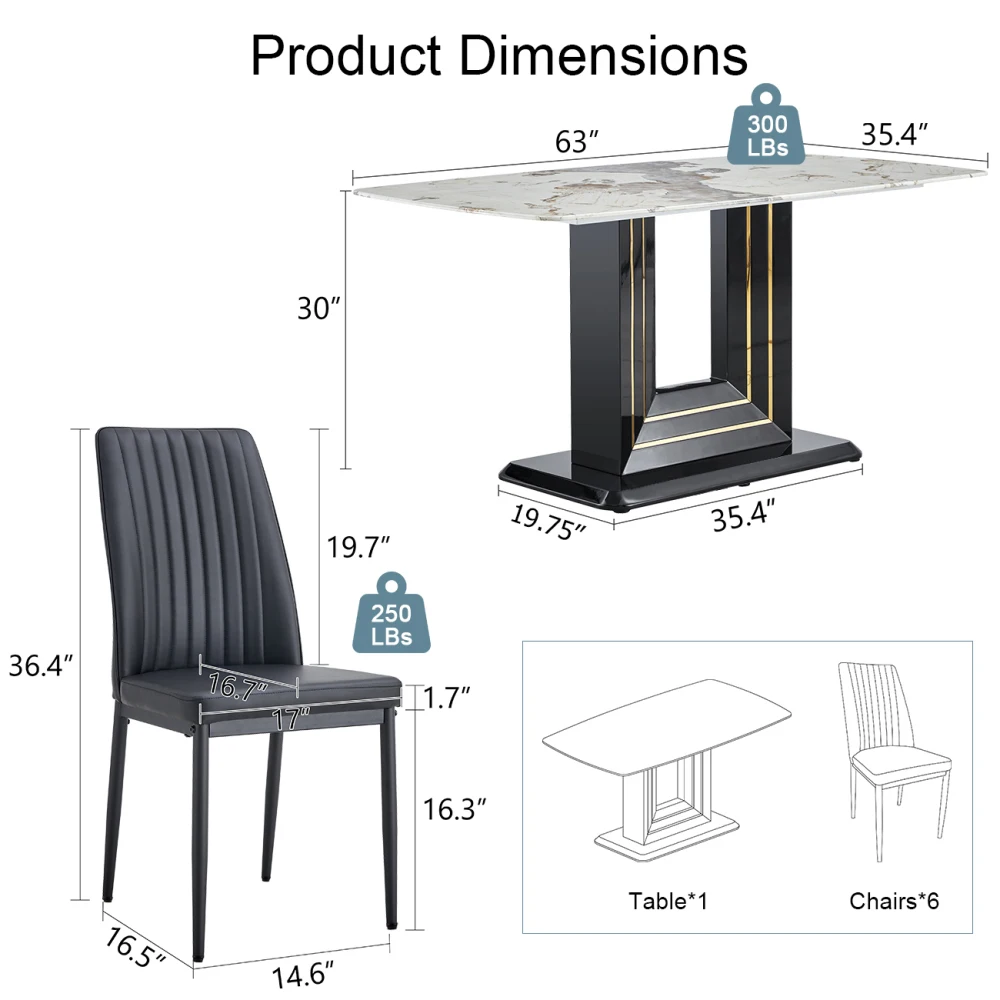 7 Piece Dining Table Set for 6,Faux Marble Top Dining Room Table, 6 PU Dining Chairs, for Room Kitchen, Black+White