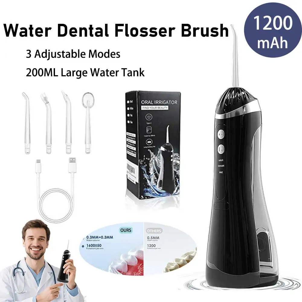 Oral Irrigator 3 Cleaning Modes Portable Rechargeable Waterproof Dental Water Flosser Teeth Whitening Jet Floss 200ML, 4 Nozzles