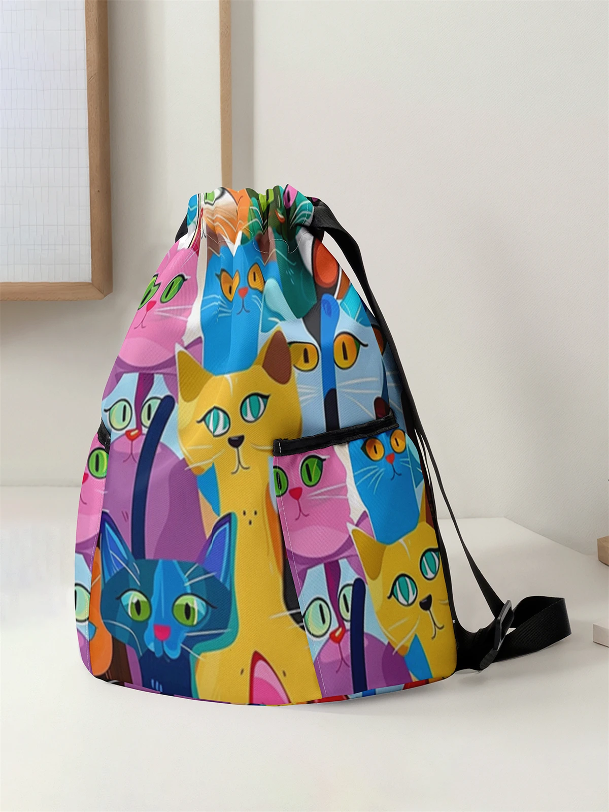 Cute Cat Pattern Printed Drawstring Backpack - Large Capacity Durable Fitness Bag, Sports Beach Backpack
