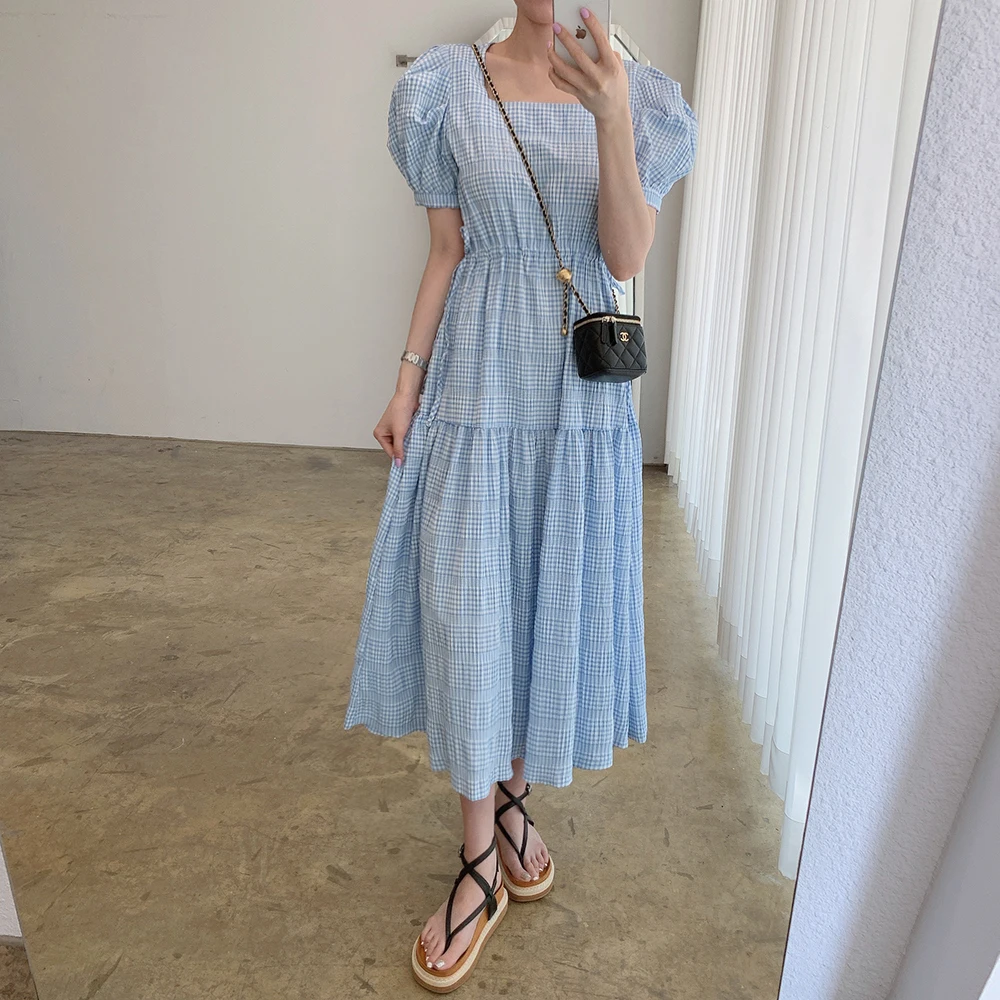 

Korean Fashion Elegant Summer Women Plaid Casual Loose Square Collar Puff Sleeve drawstring Holiday Party Dresses Runway Designe