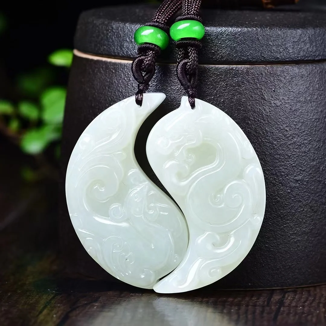 

Hetian Jade Auspicious Dragon, Phoenix and Crescent Moon Pendant Jewelry 1280#