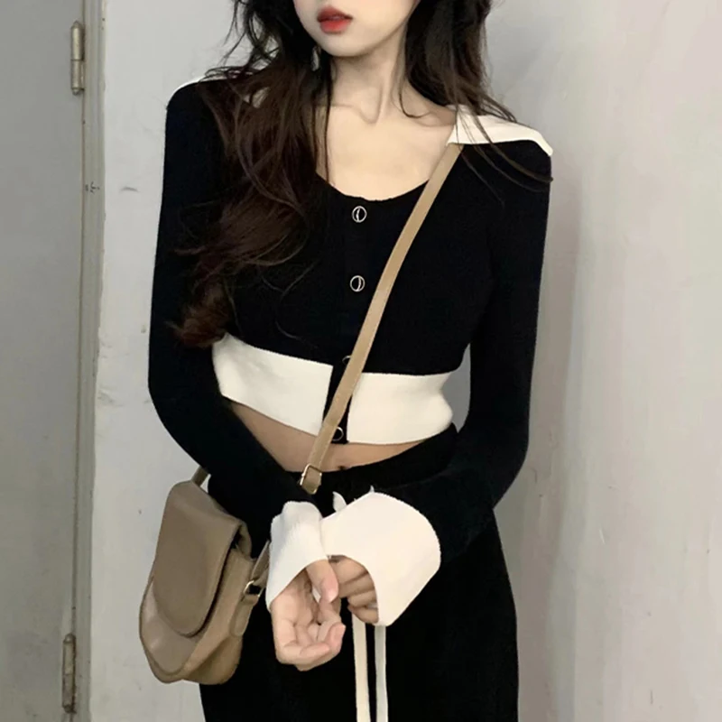 

Вязаный свитер контрастных цветов с лацканами, женская зимняя новая Облегающая рубашка, топ, элегантный универсальный Женский пуловер