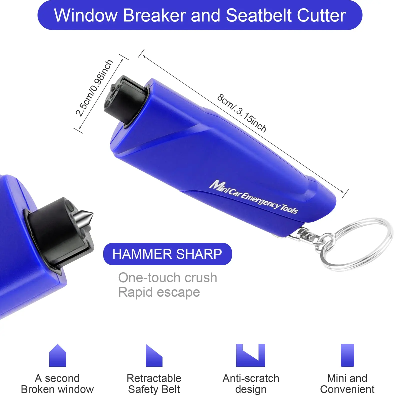 SMARLAN Portable Safety Hammer For Car Side Window Breaking Seat Belt Cutter Life-saving Escaping Emergency Tool With Key-chain,safety hammer keychain,mini emergency hammer,emergency window breaker,escape hammer