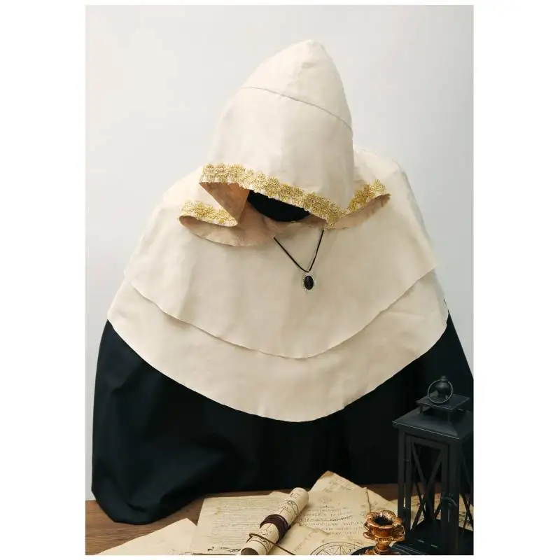 

DAZCOS Viking Retro Medieval Cowl Hat with Golden Trim Double Layered Hooded Cowl Necklace Set for Halloween Cosplay Prop Unisex
