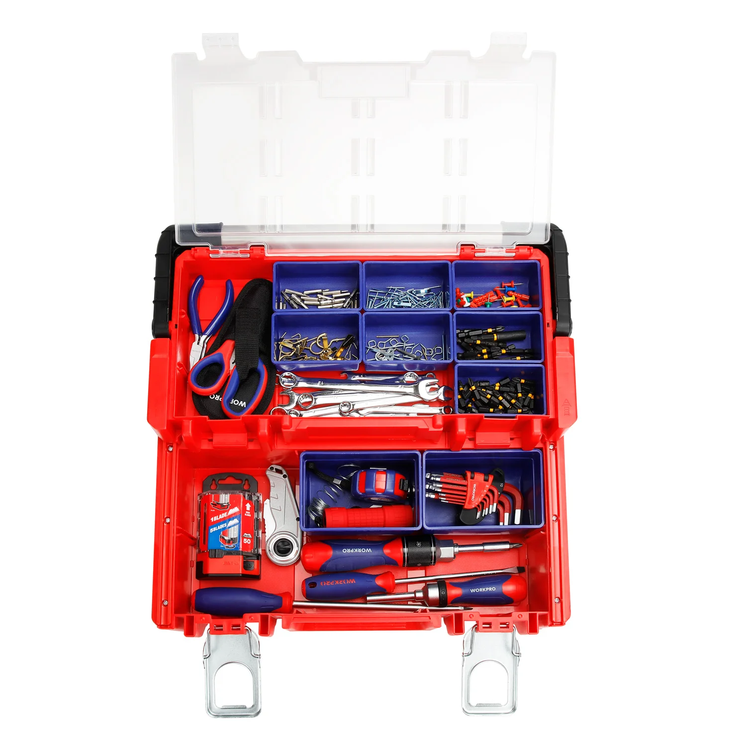 WORKPRO 17-inch Plastic Tool Box Red Storage Box with Locking Lid and Stainless Steel Handle, 18 Adjustable Compartments for So