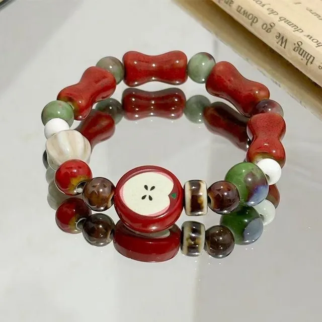 Bracelet en céramique de perles d'os de fruits de pomme fait à la main, extensible, bijoux ethniques Boho, cadeau Unique 1