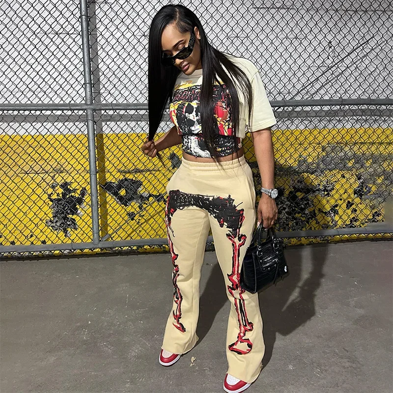 Fashion Print Casual Wide Leg Pants for Women Y2k 2023 Autumn Winter New Pocket Elastic Mid Waist Sweatpants Streetwear