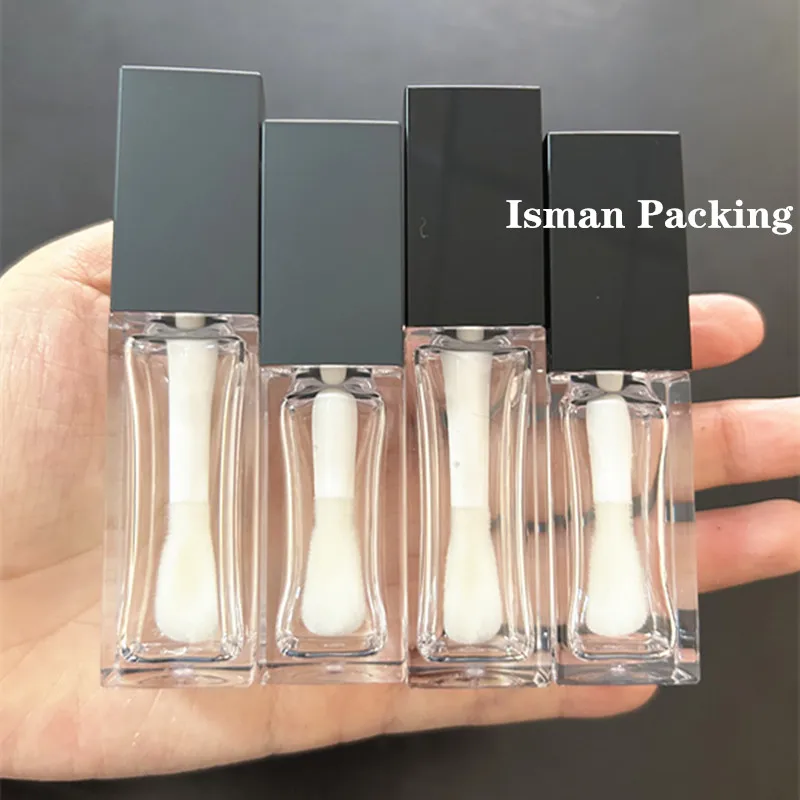 

50pcs black square big doe foot lipgloss container thick clear bottle matte grey lip gloss tubes with big brush wand 8ml 10ml