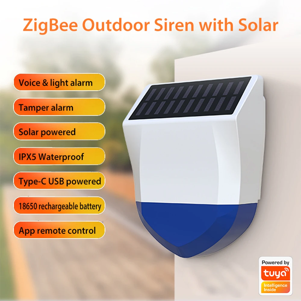 Siren Alarm Tuya Smart Zigbee Wifi Waterproof Outdoor With Solar USB Power Supply 95dB Remote Control