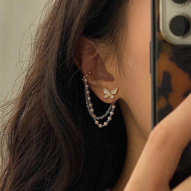 Korean Elegant Cute Rhinestone Butterfly Stud Earrings for Women Girls Fashion Metal Chain Jewelry Gifts 6