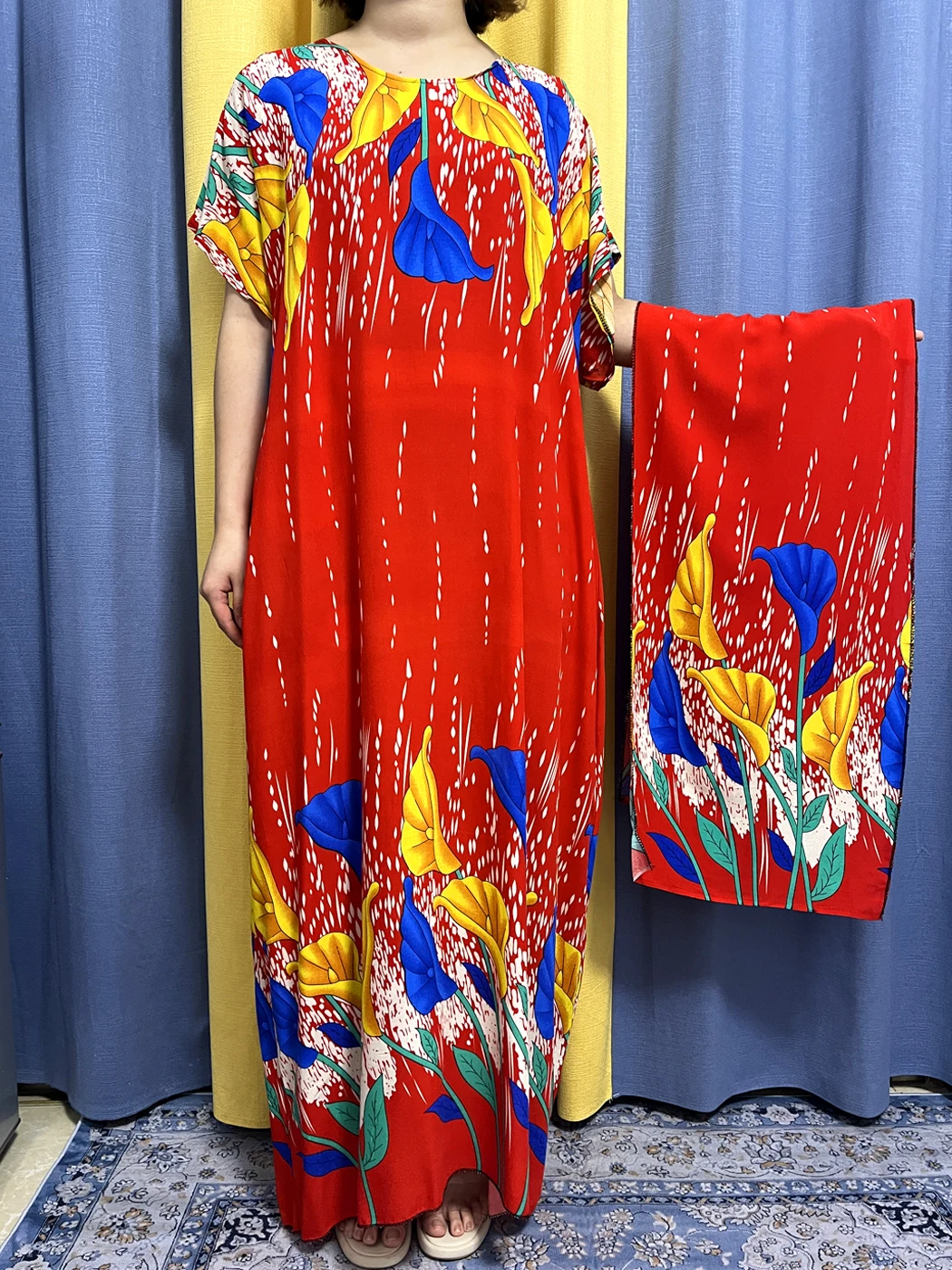 Muslim Floral Print Cotton Abayas For Women Loose Femme Robe With Hijab Scarf LT169