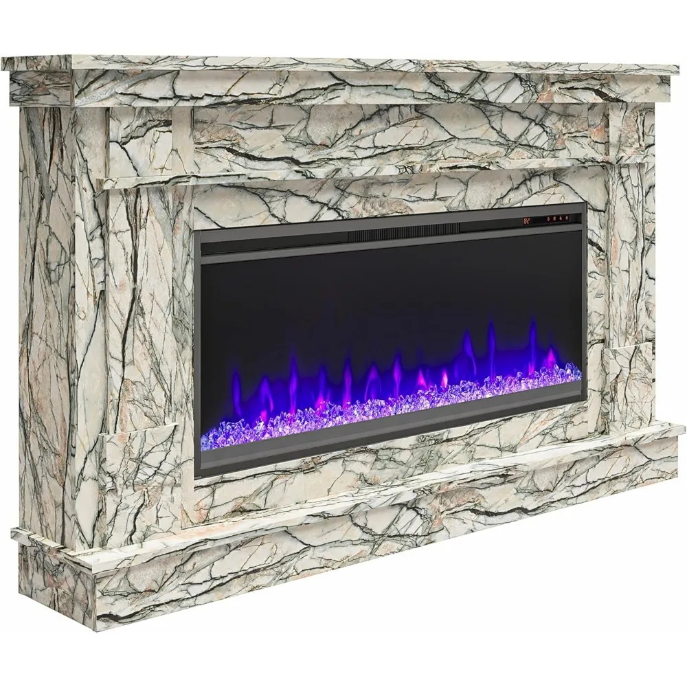 Waverly Wide Mantel with Linear Electric Fireplace & Crystal Ember Bed, Onyx Marble 3