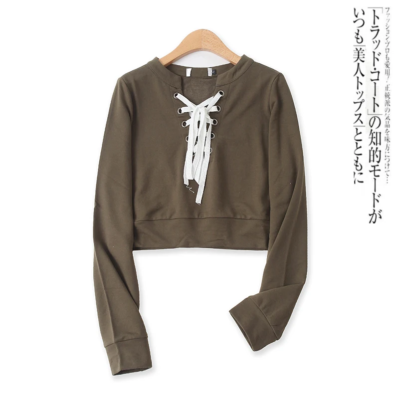 

Fashionable Cropped Sweatshirt With A Tie Neckline Loose Long-sleeved Top 13708