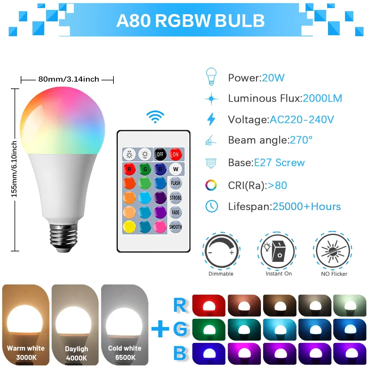 ตัวเลือกสินค้า หลอดไฟ LED สีสันสดใส ปรับแสงได้ 20W