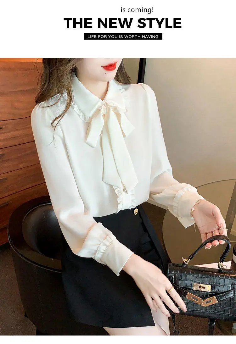 Bow Tie White Chiffon Shirt 2022 Spring Summer Korean Fashion Blouse Lace Elegant Long Sleeve Shirt for Female Casual Clothing