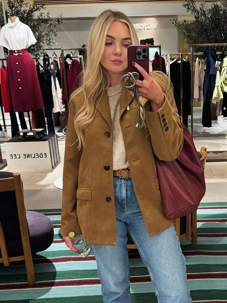 HH Autumn Jacket For Women Fashion Solid Suede Blazer Coat Long Sleeve Buttons Jackets Loose Casual Female Outfit Outwear