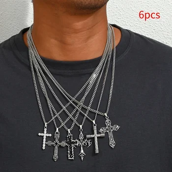 6pcs Men Streetwear Hip Pop Stainless Steel Chain Necklace Set Hip Hop Fashion Boyfriend Husband Gift