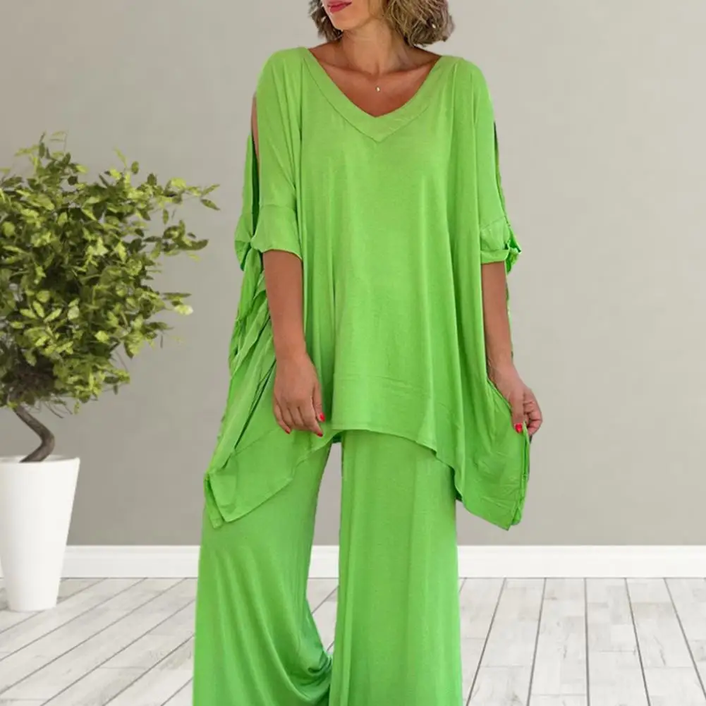 2Pcs Set Lady Outfit Lace up Half Sleeve T shirt Wide Leg Long Pants 2pcs-set-lady-outfit-lace-up-half-sleeve-t-shirt-wide-leg-long-pants