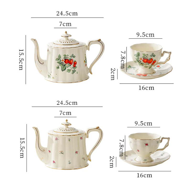 Retro European Strawberry Pattern Ceramic Cup Teacup Teapot Tea Set Afternoon Tea Accessories Coffee Mug Porcelain Cup Kettle teapot cup set