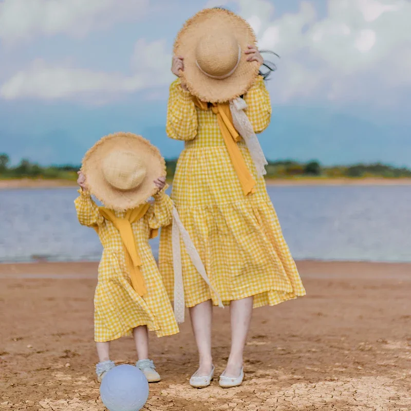 

Mother and Daughter Yellow Plaid Dresses with Knit Cape Mom and Baby Girls Matching Cotton Linen Dress for Women's Fall Clothing