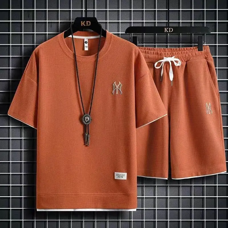 Men's New Summer Waffle Lounge Suit Crewneck Short Sleeve T-Shirt Shorts Fashion Trend Sports Fitness Jogging Suit