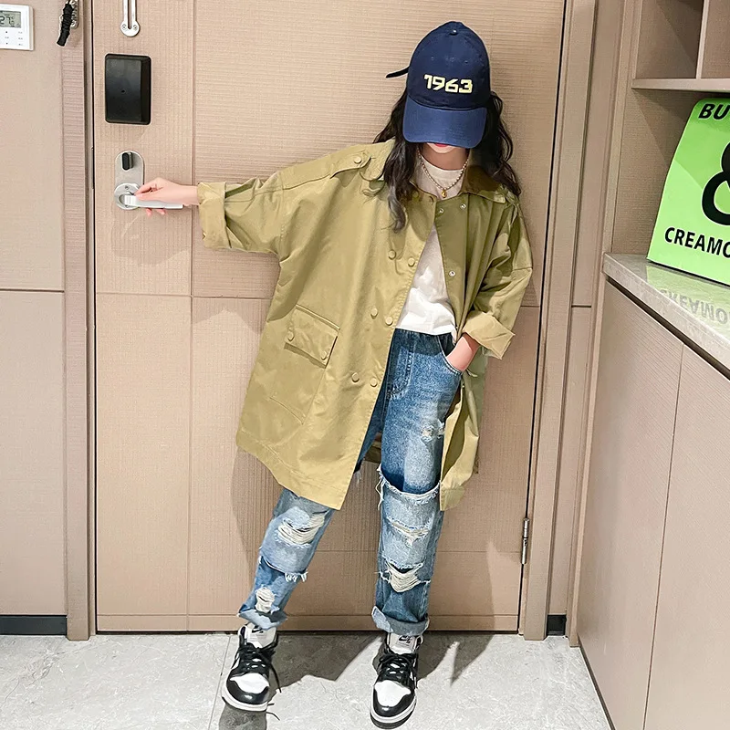 

Teens Spring Autumn Coat Fashion Windbreaker Kids Streetwear Outerwear for Girls Casual Double Breasted Mid-length Trench 4-14 Y