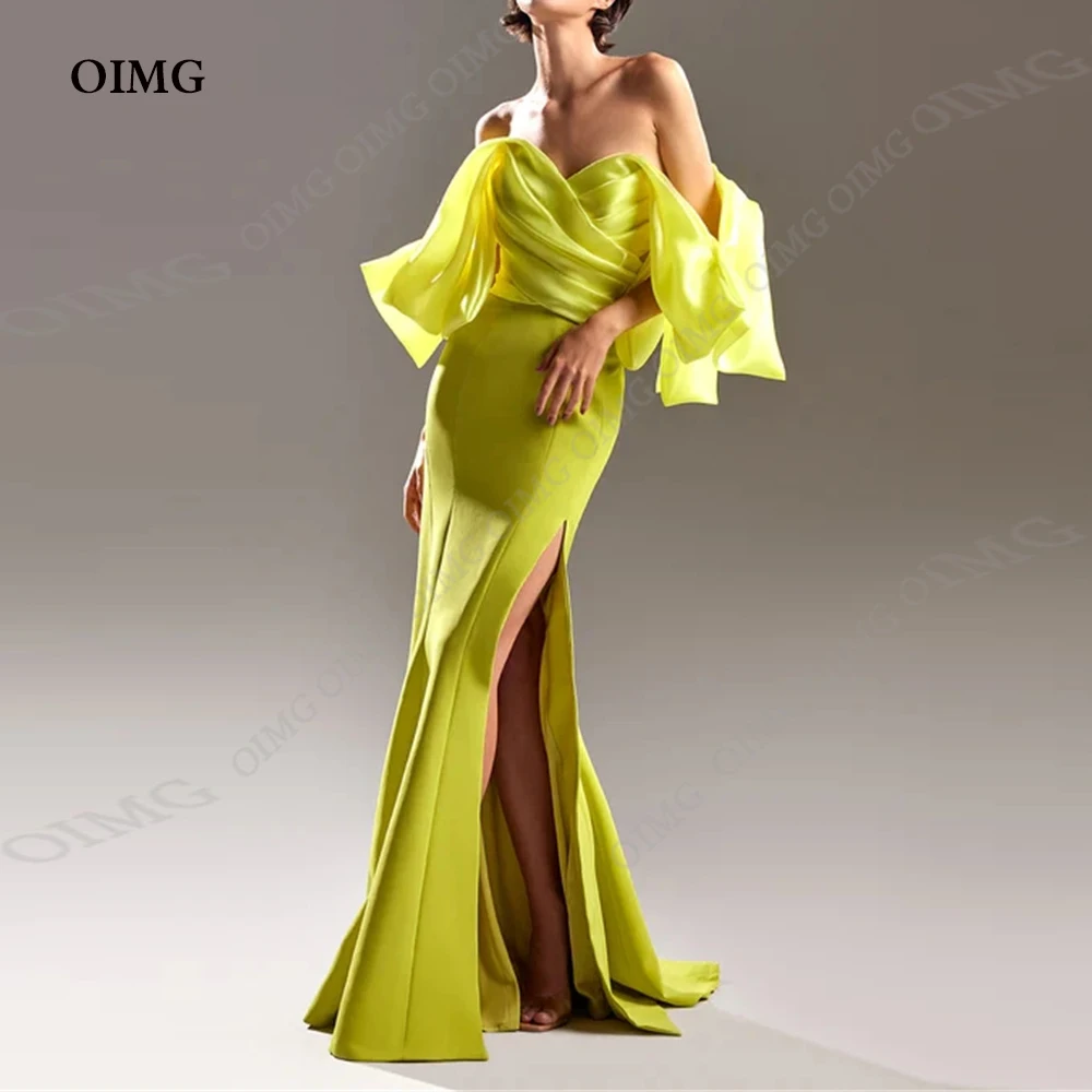 

OIMG 2023 Modern Royal Green Satin Mermaid Evening Dresses Side Slit Pleats Dubai Arabic Women Prom Gowns Formal Party Dress