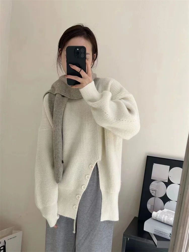 

Hsa Women Sweater and Pullovers Long Side Split Korean KNitted Jumpers Lantern Sleeve Oversized Sweater Pullovers Thick Sweaters