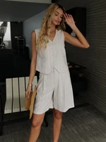 2025 Summer Casual Linen Striped Vest Shorts sets