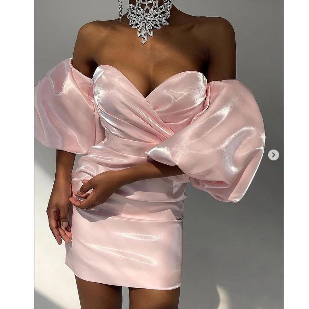 

Exquisite Pink Satin Mini Party Dress Fashion V-Neck Puff Sleeves Pleat Ruched Short Sheath Prom Gowns Evening Dress for Women