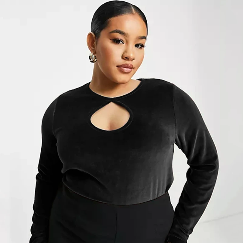 Plus Size Keyhole Front Elegant Spring Velvet Top Women Long Sleeve ...