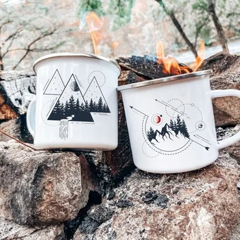 Mountain Print Camping Mugs Adventure Campfire Party Beer Juice Enamel Cup Mountain Handle Coffee Cups Idea Gifts for Camper