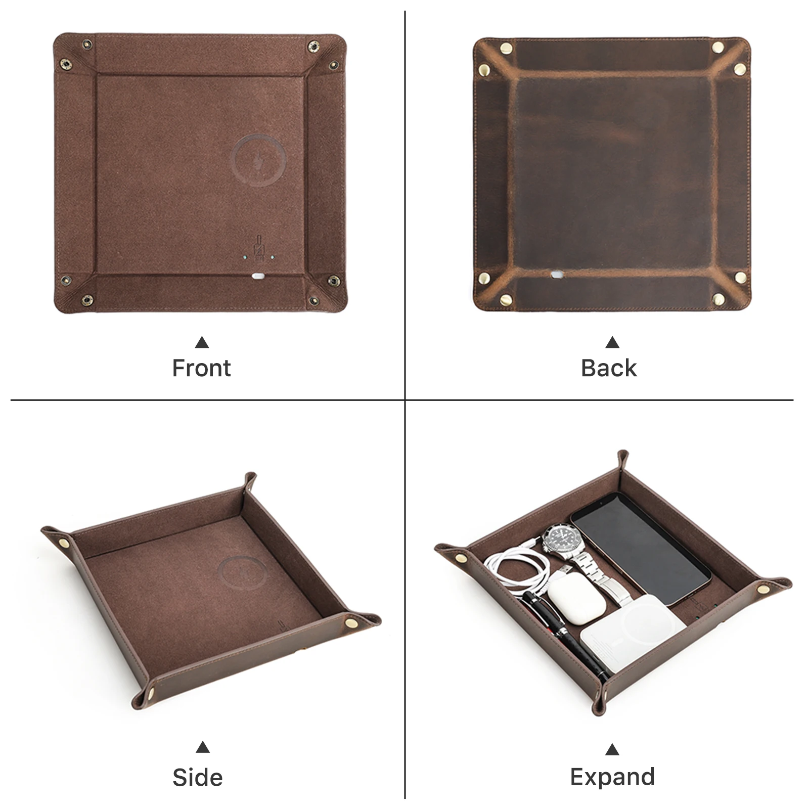 Creative Genuine Leather Valet Tray with Wireless Charging for Phone Key Coin Pen Desktop Storage Sundries Case Box Ornaments