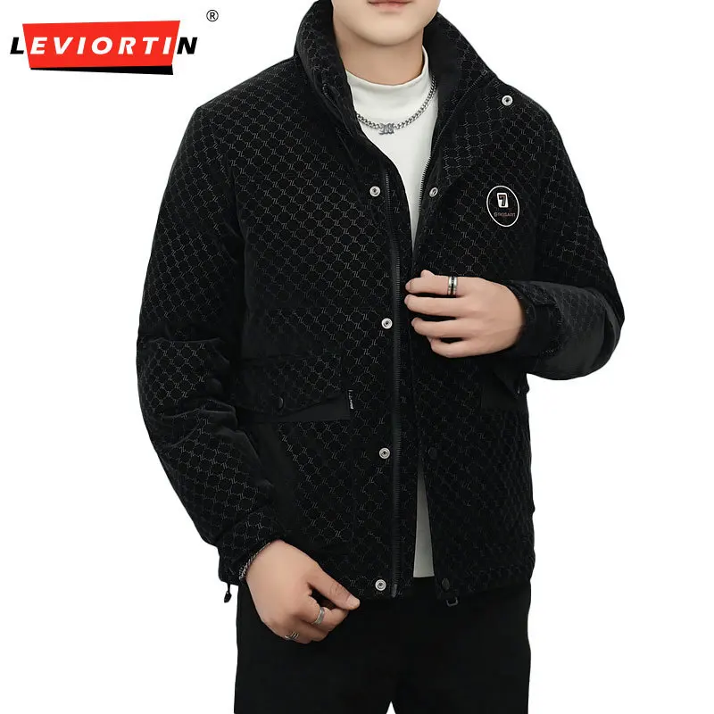 Hip Hop Men PU Leather White Duck Down Jackets Fall Winter Full Print Puffer Down Coats Male Cold Proof Warm Parkas Outwear