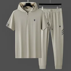 Summer Cool high stretch breathable silk sliver hooded short sleeved two-piece men's Fashion Ice Silk Sports casual suit