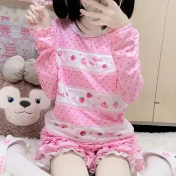 Sweet Polka Dot O-neck T Shirts Women Ropa Mujer Long Sleeve Tees Chic Cute Camisetas Y2k Tops Embroidery Strawberry Tshirt 2026 1